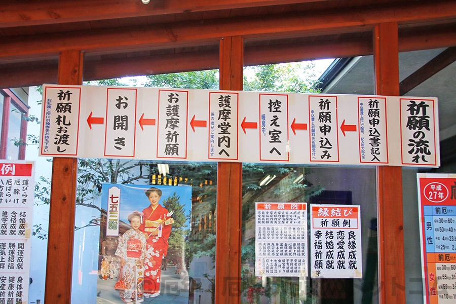 千葉厄除け不動尊 祈願（御護摩祈願）の流れの案内掲示の様子