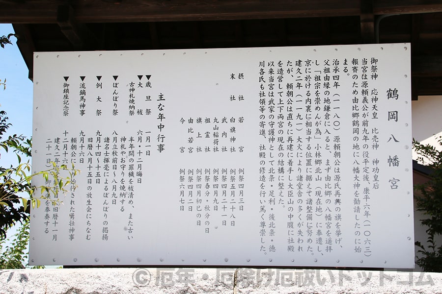 鶴岡八幡宮 ご祭神についての案内看板の様子