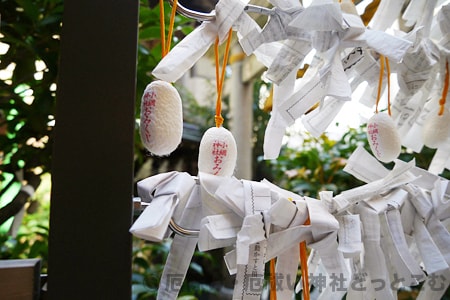 小網神社 おみくじ掛けのおみくじとまゆ玉の様子