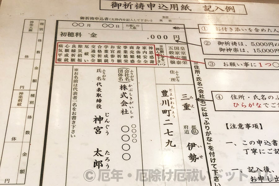 伊勢神宮 外宮 御祈祷申込用紙の記入例の様子